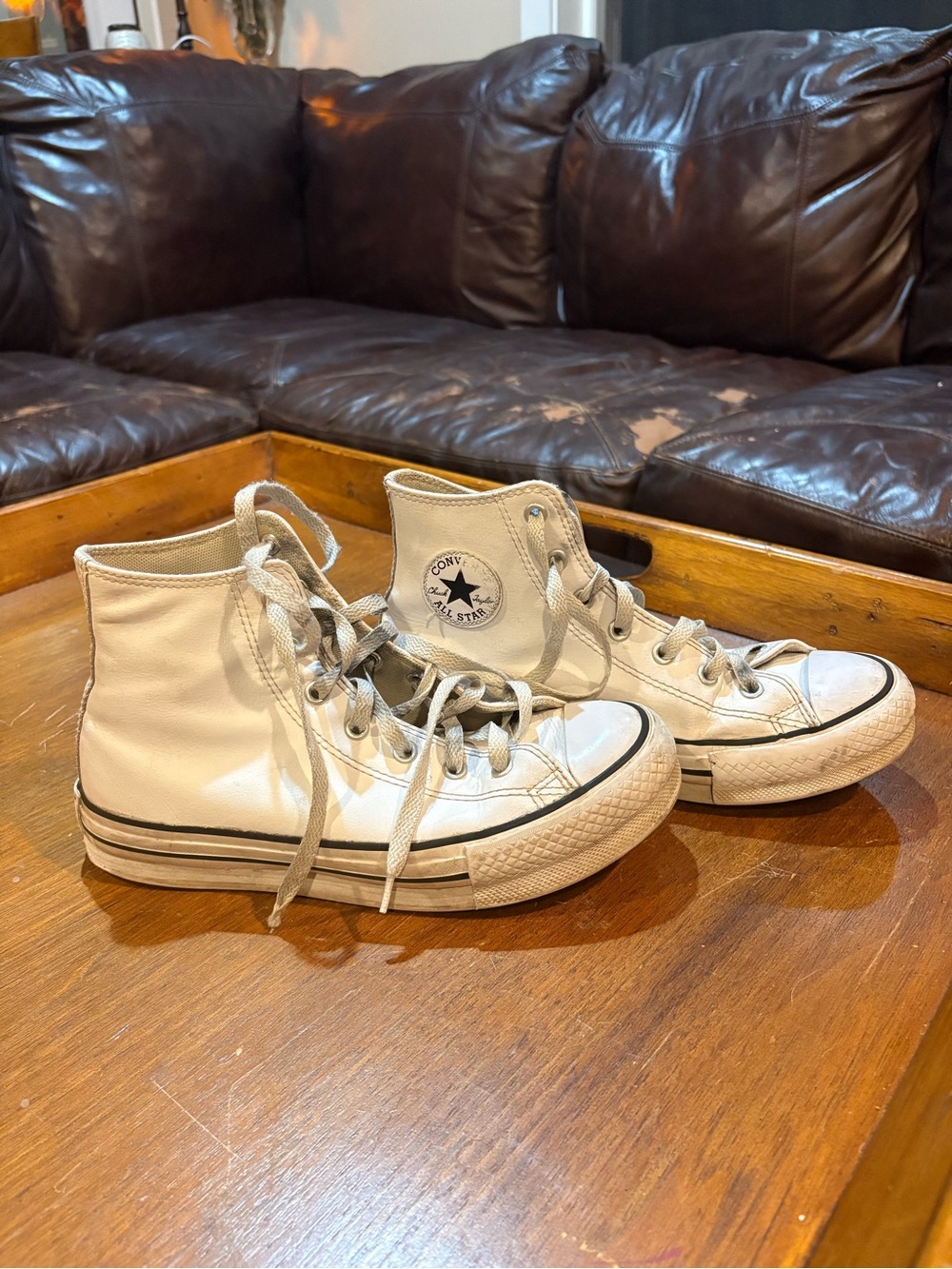 Converse Kids White High Top Sneakers Black Trim platform style kids 5 women’s 7
